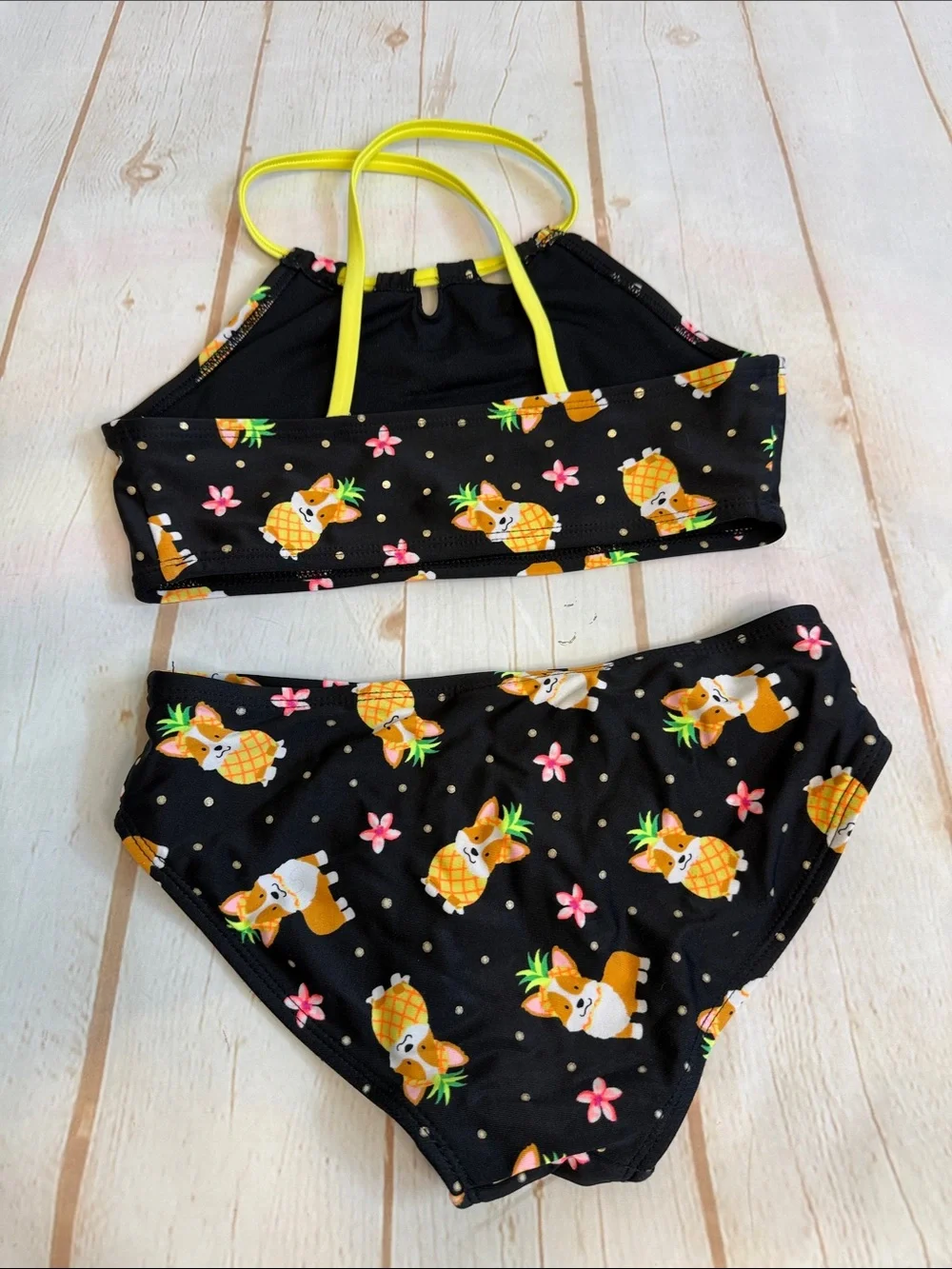 Cat & Jack Black Pineapple Corgi Two-Piece Cutout Neck Strappy Swim Set